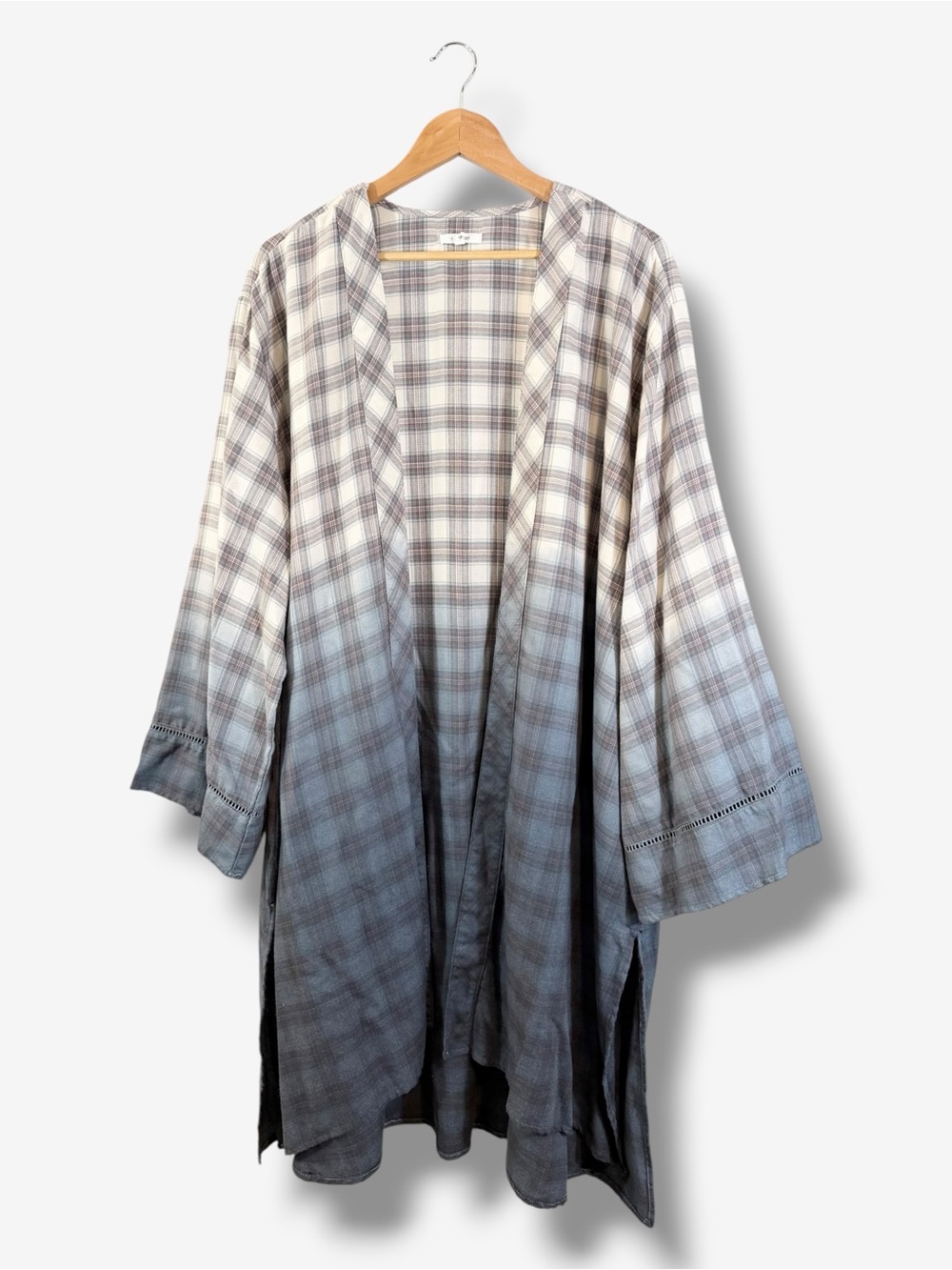 Maurices Duster Kimono Size 3X Blue Ombre Plaid Open Front Longline Cardigan